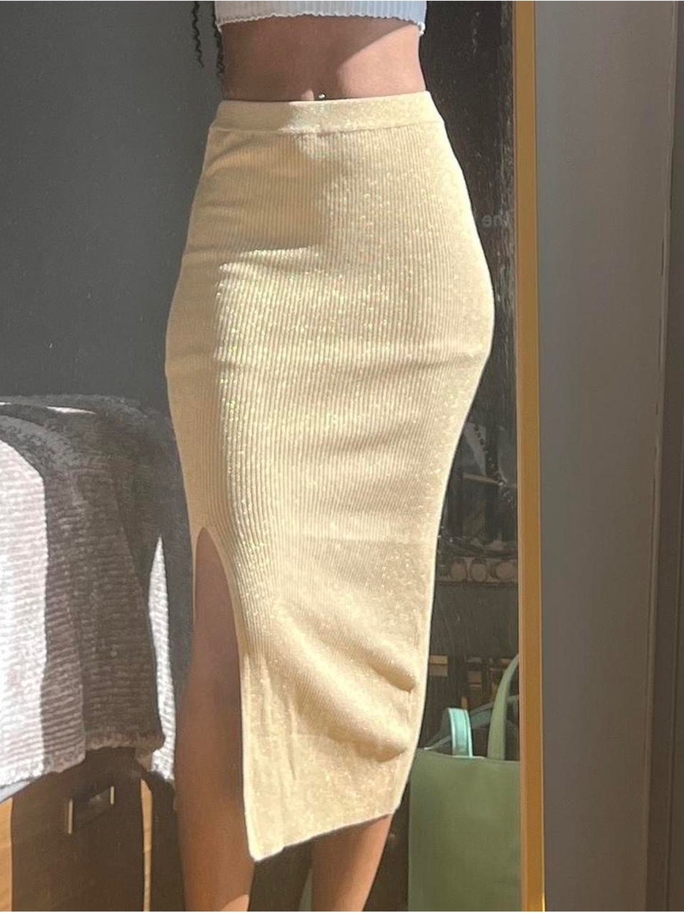 Zara Pale Yellow Ribbed Midi Skirt with Side Slit